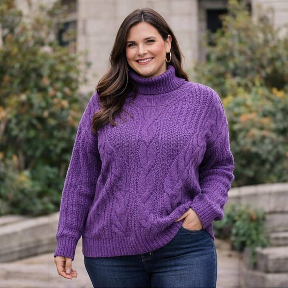 Plus Size Textured Cable Knit Ribbed Hem Turtleneck Sweater 4XL (Fits Smaller) - Picture 4 of 8